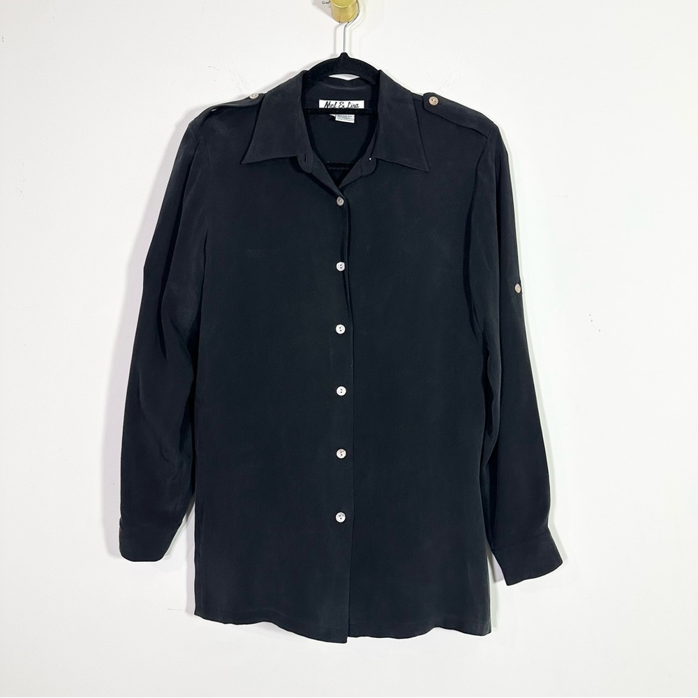 Mel & Lisa Vintage Dark Slate Gray Silk Button Down Blouse Shirt